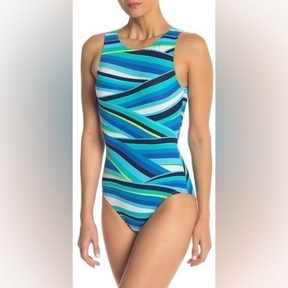 Tommy Bahama Winding Wave High Neck One-Piece Swimsuit Blue Green White Size 8 M